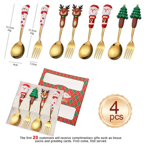 Christmas Spoon and Fork Set, Cute Gold Holiday Cutlery with Santa Snowman Reindeer and Tree Handles, Christmas Gift Box