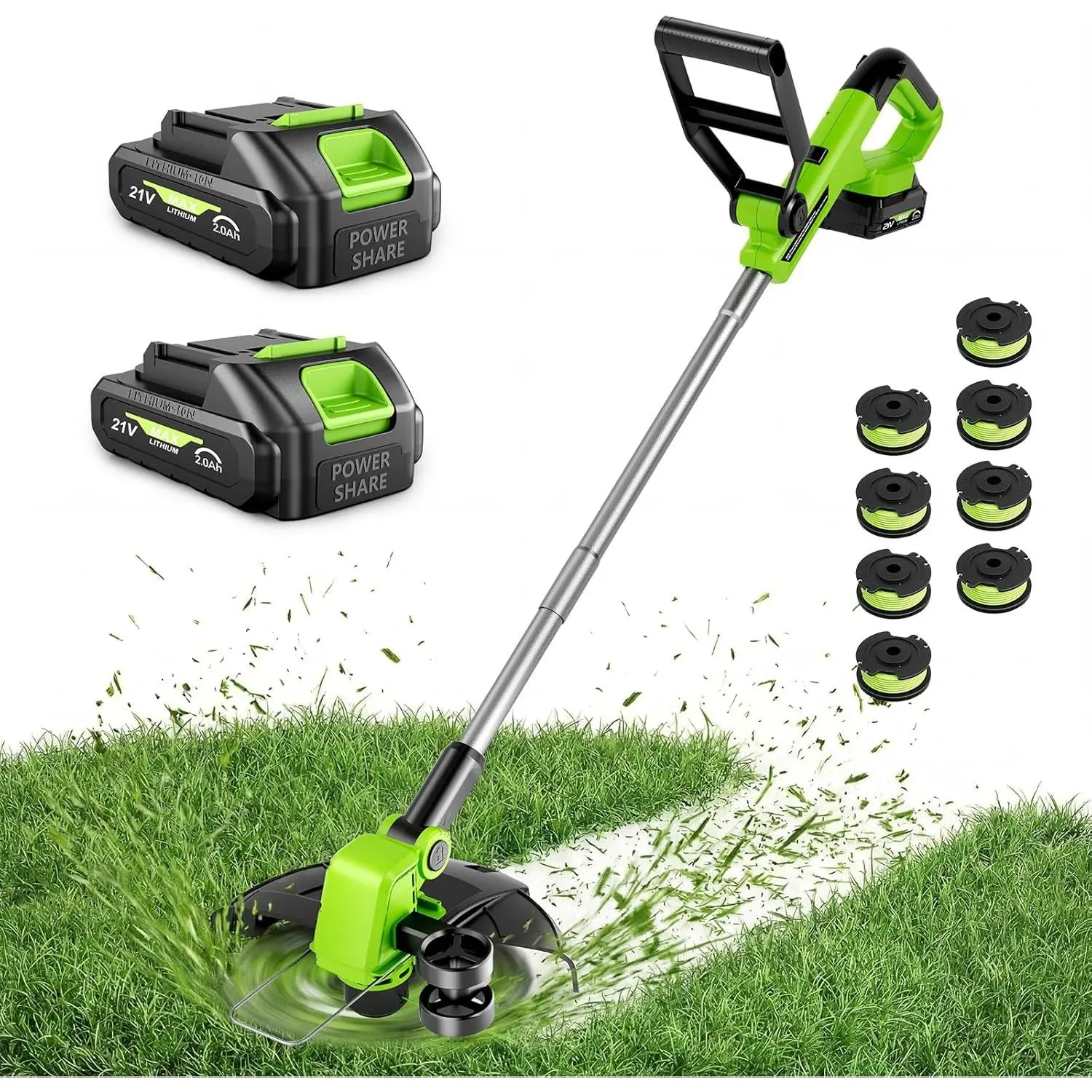 21V Weed Wacker Cordless & Lawn Edger, 9000RPM Electric Weed Eater with 2x2.0Ah , 12" Auto Line Feed String Trimmer with 8 count Spools, Lightweight Edger Lawn Tool for Yard, Green