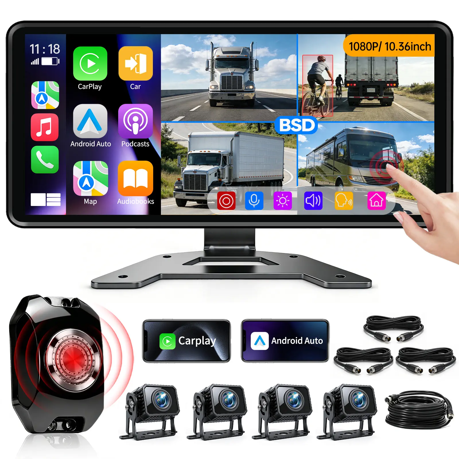 ConewVehicle Wired Backup Camera System with Carplay Android Auto,10.36" Quad Split Touch Screen Monitor with MirrorLink Voice Control Navigation ,1080P 4 AHD Rear View Camera,DVR Loop Recording,Night Vision Waterproof for Truck Trailer Camper Semi-Truck