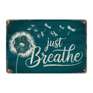 Aluminum Dandelion And Dragonfly Just Breathe Teal Vintage Sign Aesthetic Room Decoration for Home Bedroom Kitchen Bar Dorm Wall Decor 8 X 12 Inches Vintage Plaque Decor