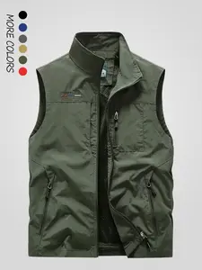 Men's Letter Embroidery Pocket Zipper Vest Jacket, Regular Fit Casual Funnel Neck Sleeveless Outerwear for Fall & Winter, Men's Clothes for Outdoor Activities