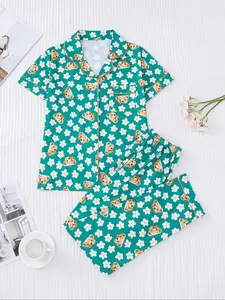 Women's Sleepwear Set, Floral & Bear Prints, Elegant Casual, Comfortable Lapel Short Sleeve Top, Wide Leg Elastic Pants, Pajama Set, Loungewear