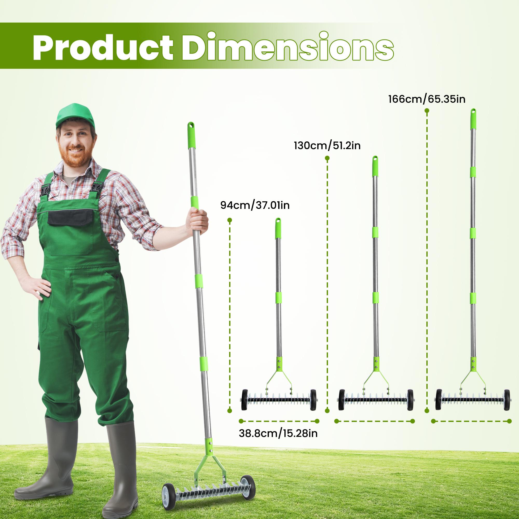 【seckill19%】Lawn rake, adjustable gardening rake head, 38inch to 65inch handle with wheels, 21 and 11 double-sided steel teeth, heavy-duty weeding rake suitable for both cold and warm season lawns, used for landscaping and lawn maintenance (green)