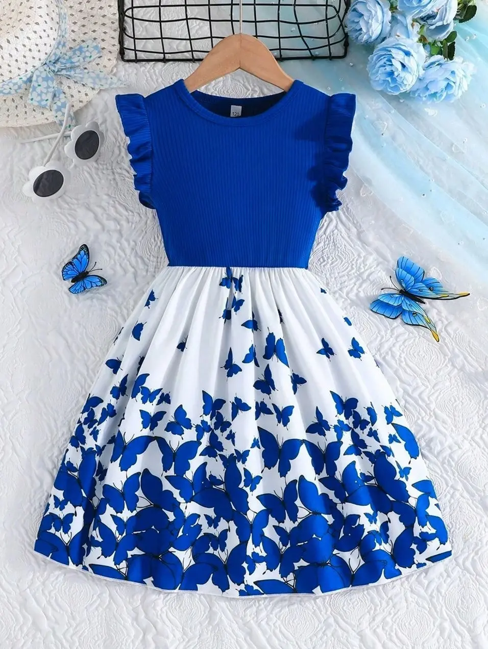 Tween Girls Elegant Floral Print Ribbed Patchwork Dress, Casual Cap Sleeve Summer Everyday Outfit