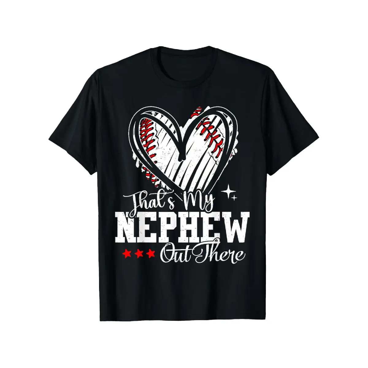 Men's 100% Cotton Unisex Oversized Round Neck Short Sleeve Graphic Streetwear Tee - 'S & 'S "That's My Nephew Out There" Baseball Print Shirt, Black with White & Red Heart & Baseball Stitch, Loose Fit Family Gift (Halloween, Christmas) for Aunt/Uncle