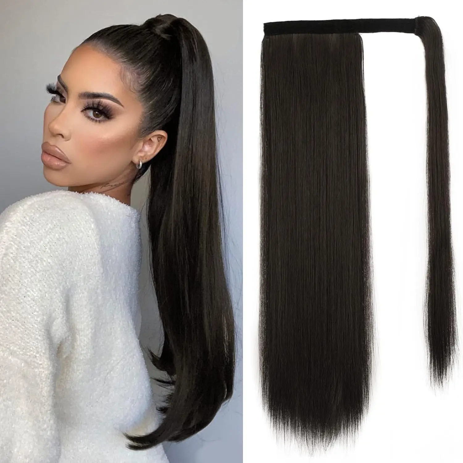 Straight Ponytail Extension - 26 Inch Long Straight Wrap Around Ponytail for Women, Clip in Ponytails Hair Extensions Synthetic Brown Pony Tails Hairpieces Daily outdoorfun