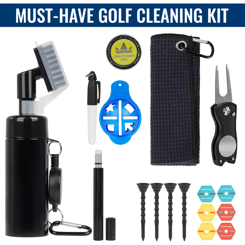 CraftsmanGolf Golf Club Cleaning and Maintenance Kit — Club Brush | Golf Towel | Divot Tool | Groove Sharpener | Ball Marker | Marker Stencil Kit