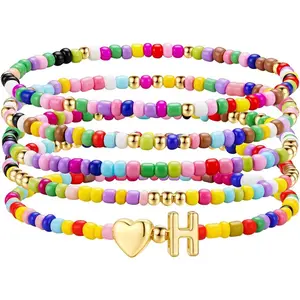 Graduation Gifts - 5 count Colorful Beaded Initial Bracelets for Girls , Cute Stretch Heart Letter Bracelet Initial Bracelet  for  Birthday Graduation Gifts for Girls