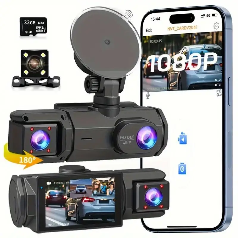 3-lens Dash Cam, WiFi Car DVR with G-Sensor, 1080P HD Dash Cam with Night Visions Function, Rechargeable Loop Recording Driving Recorder for Car