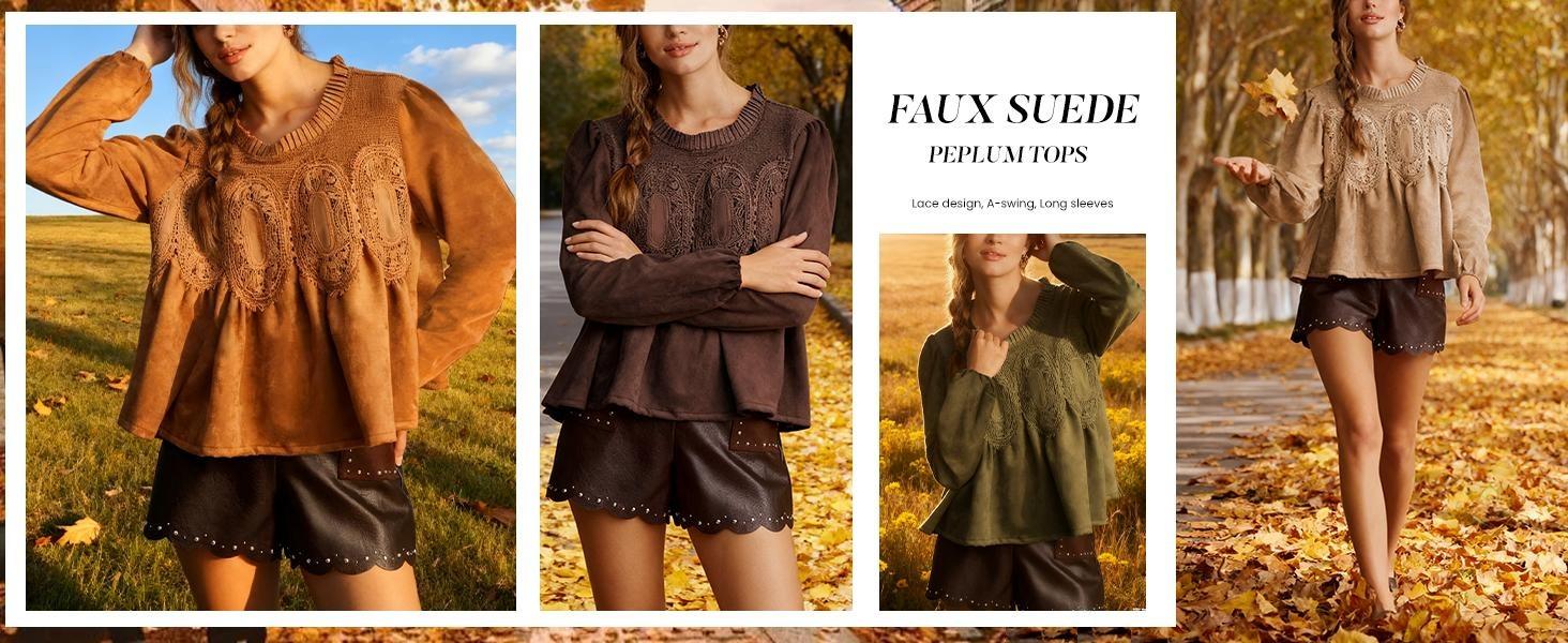 WoodBerry Women's Lace-Detail Suede Flared Blouse Long Puff Sleeve Crew Neck Flared Swing Babydoll Tops Elegant Intricate Mesh Loose Shirts WoodBerry Women's Lace-Detail Suede Flared Blouse Long Puff Sleeve Crew Neck Flared Swing Babydoll Tops Elegant Intricate Mesh Loose Shirts