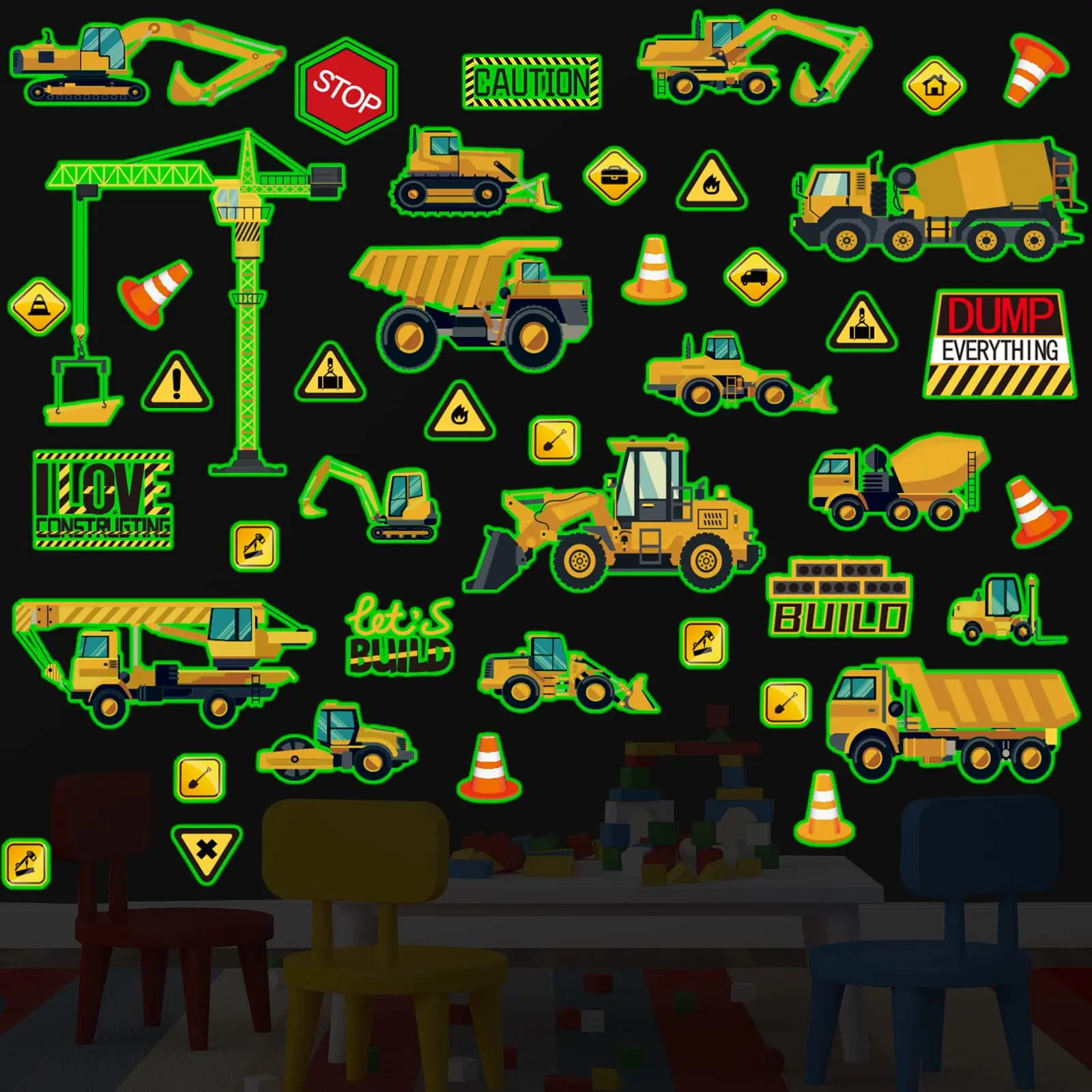 Glow In The Dark Construction Wall Decals  Stickers Glowing Self-adhesive Truck Car Excavator For Ceiling Decor Bedroom Playroom Gifts