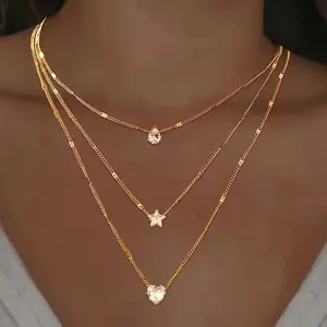 Multi-Layered Necklace with Artificial Crystal Pendants - Vintage and Trendy Style -Hearts, Stars and Drops Suitable for Festive