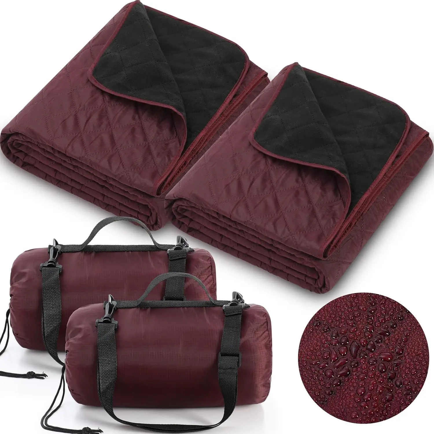 2-Pack Quilted Synthetic Outdoor Fleece Blankets (78in x 55in) - Quilted Pattern, Windproof, Sandproof, Moisture-Proof Stadium Blankets with Generous Coverage, Lightweight, Easily Portable, Foldable, Soft and Reliable for Camping, Picnic (Dark Red), Two-P