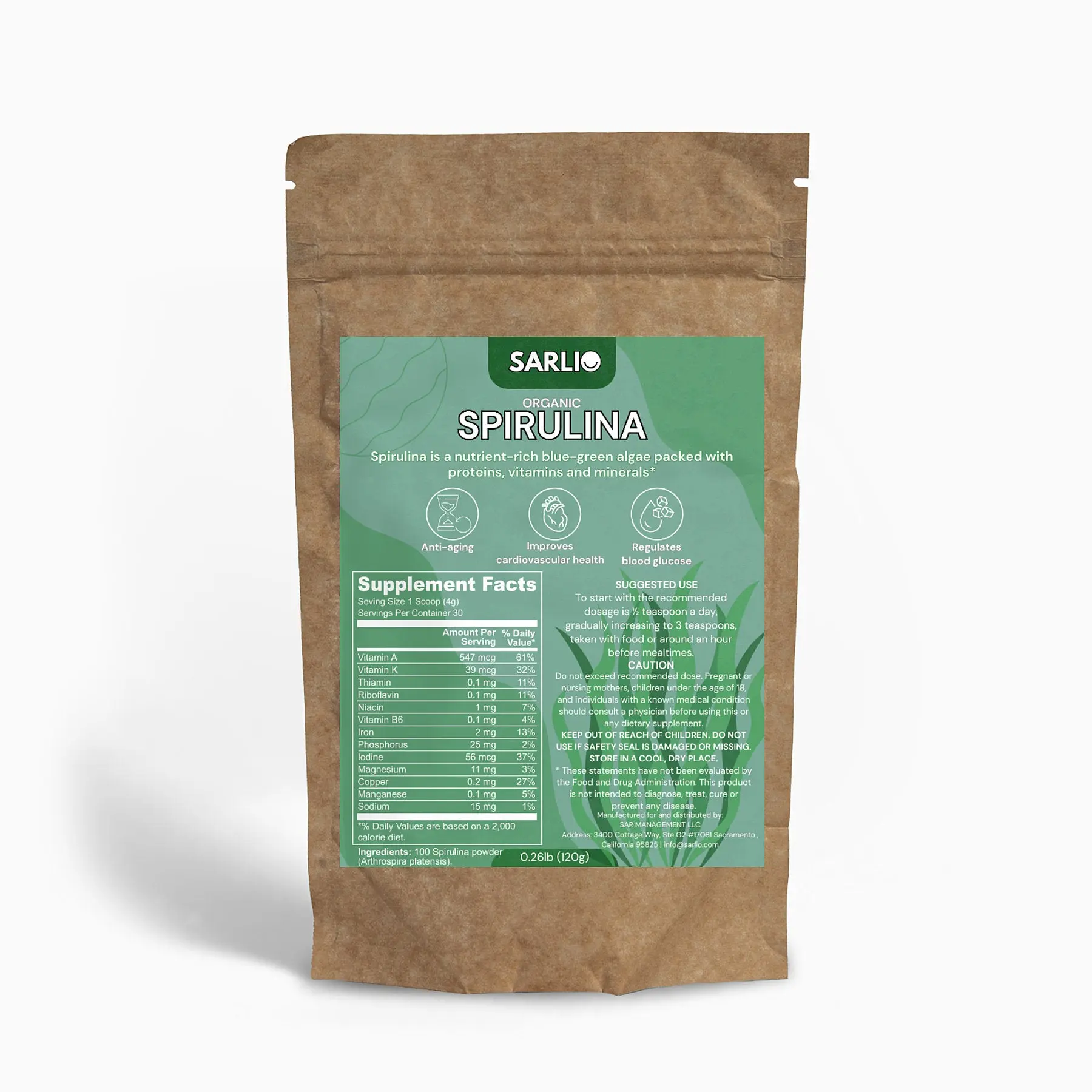 Sarlio Organic Spirulina Powder Supplement 30 Servings