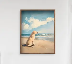 Cute Dog Poster, Labrador Retriever on the Beach Print, Wall Art Home Decoration