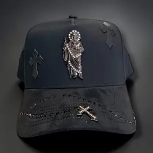 Saint Jude with Rosary Hat SnapBack - Black Cap with Cross and Rosary Design suede visor High quality
