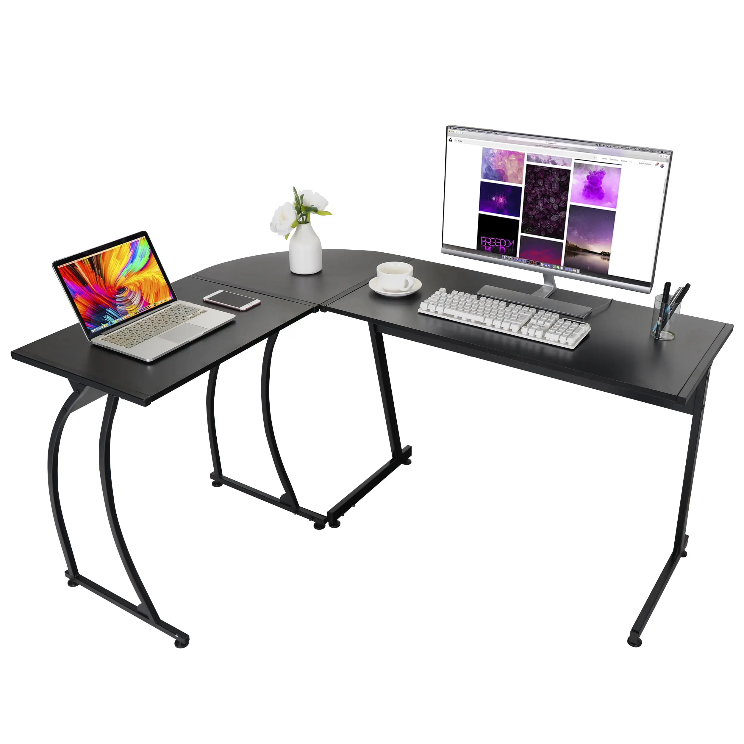 Segawe Modern L-Shaped Corner Home Office Desk - Anti-Rust Metal & MDF Laptop Writing Workstation, Desks for Gaming, Beveled Edge, Large Surface, Quick Setup for Home/Office Use,summerwins
