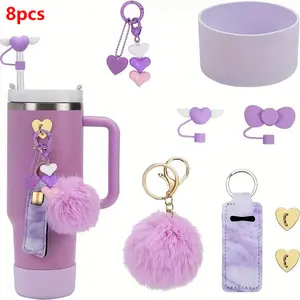 8pcs Set Of Heart-shaped Bow Straw Cap, Soft Rubber Cup Cover, Colorful Ball Pendant Decoration Suitable for Handle, Protective Cover, Straw Cover, Lipstick Holder, And Charm Of 30 Ounce/40 Ounce Sports Cups