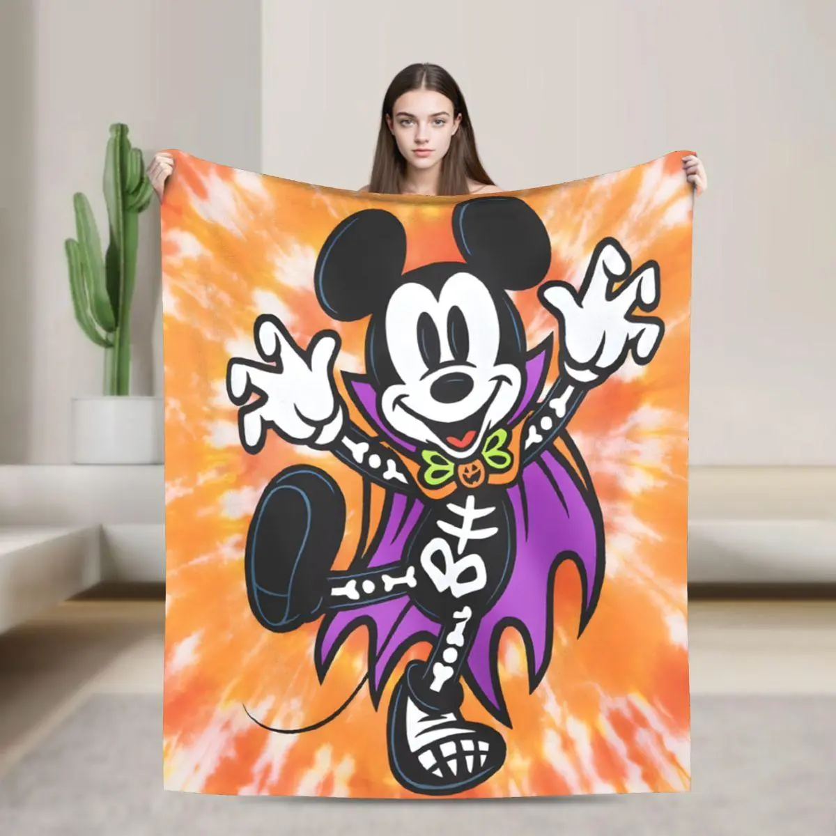 [SummerVibes] DISNEY CLASSIC Mickey Halloween Elements Flannel Blanket - Soft, Warm, Pumpkin Cartoon Design, Sofa, Bed, Office, Blanket for Couch