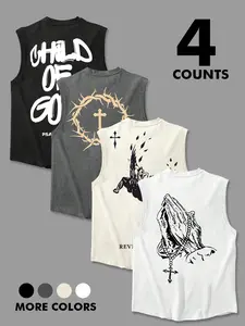 Men's Letter & Cross Print, Regular Fit Casual Graphic Sleeveless Vest for Summer, Men's Top for Daily Wear, Socks, Streetwear Tank Vest