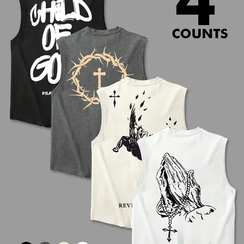 Men's Letter & Cross Print, Regular Fit Casual Graphic Sleeveless Vest for Summer, Men's Top for Daily Wear, Socks, Urban Street Tank Vest, Sleeveless Clothes