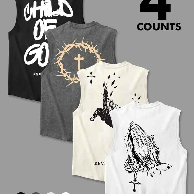 Men's Letter & Cross Print, Regular Fit Casual Graphic Sleeveless Vest for Summer, Men's Top for Daily Wear, Socks, Urban Street Tank Vest, Sleeveless Clothes