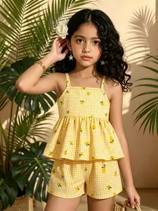 Girls' Fashion Casual Streetwear Comfortable Summer Fresh Lemon Plaid Tank Short Pants Set, Stylish Kids Clothing
