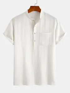 Men's Linen Plain Short Sleeve Henley Shirt with Pocket, Casual Henley Shirts, Casual Summer Breathable Top, Comfortable and Stylish Men's Clothing