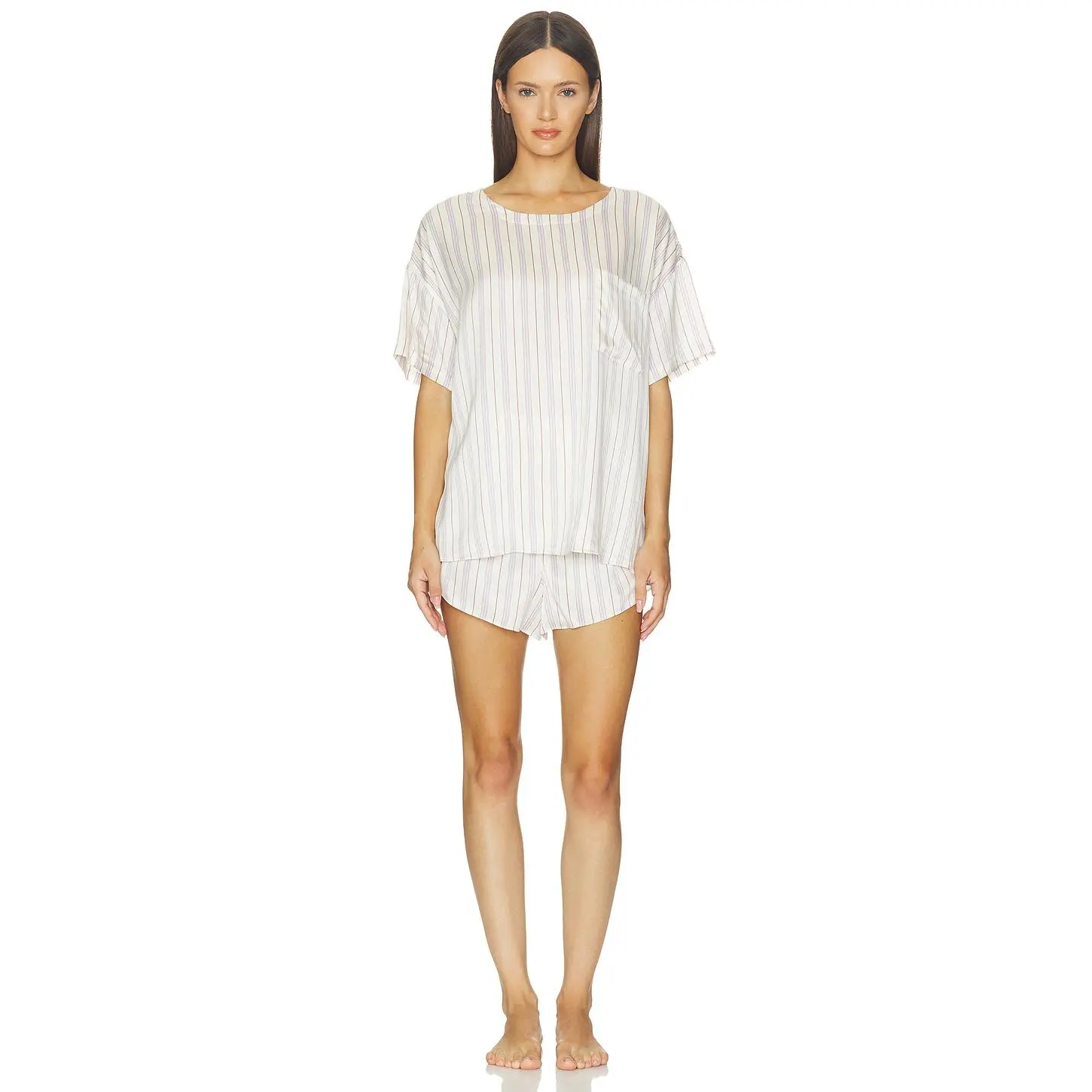 LUNYA Washable Silk Tee Pajama Set in Wisteria Stripe