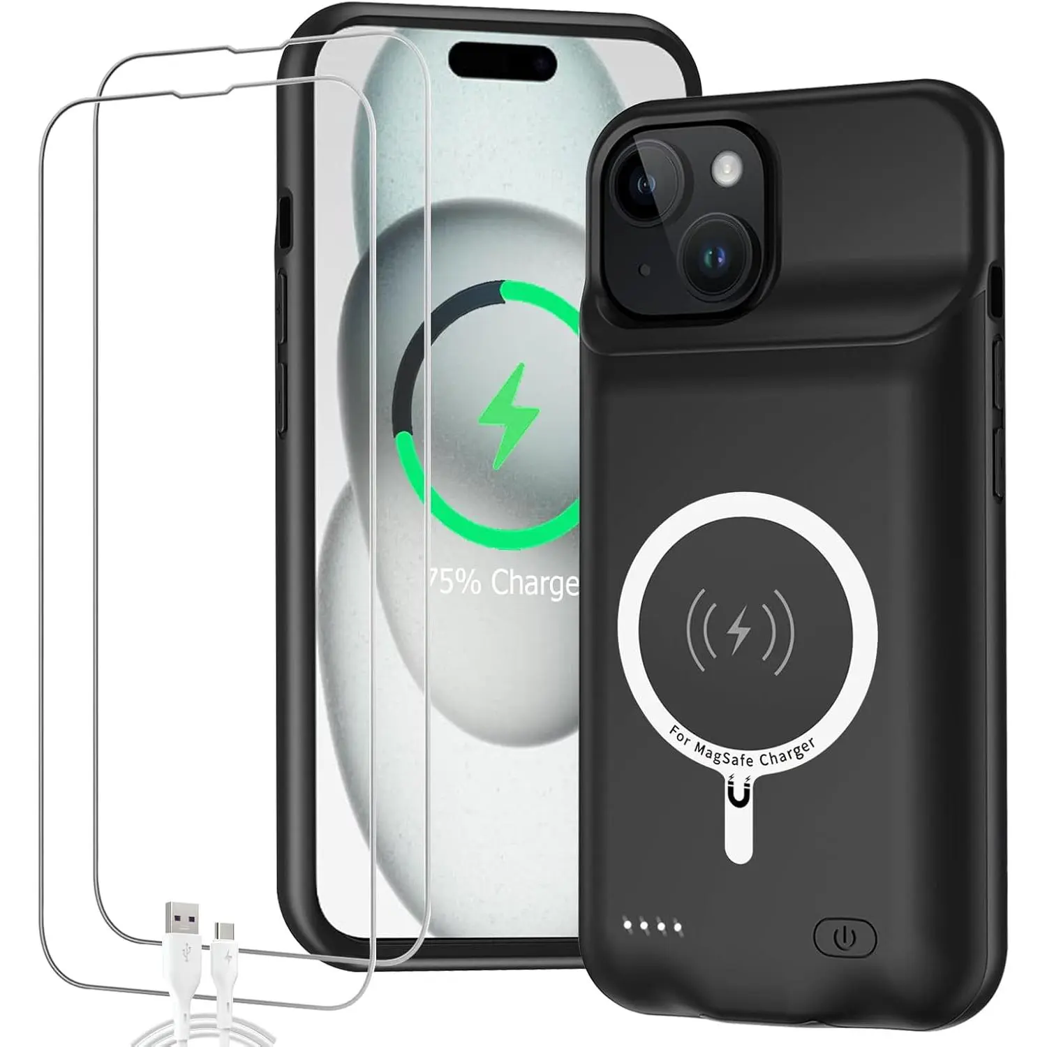 Battery Case for iPhone 15, Full Encircle 10000mAh High Capacity Rechargeable Portable Charger Case Extended Battery Pack Compatible with iPhone 15 (6.1 inch) Wireless Charging Case with Carplay-Black