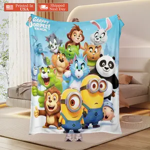 Garppy Dorpee Krcnon Cartoon Characters Throw Blanket, Cute Minions & Animal Friends Fleece Blanket, Soft Flannel Blanket for Kids, Cozy Blanket for Bed Couch, Gift for Cartoon Lovers