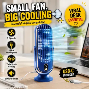 Small Rechargeable Twin-Blade Tower Fan - Adjustable Speed, Strong Airflow, USB-C Powered, 5 Speeds, LCD Screen, Travel Fan - Ideal for Desk, Bedside, Tabletop - Blue, Adjustable Speed Fan