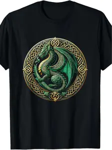 Tribal Irish Green Celtic Knot Fantasy Celtic Dragon Cottage T ShirtFashionable Loose Design Anime Printed Pure Cotton Retro Round Neck Men's Short Sleeved T-shirt PLUS SIZE