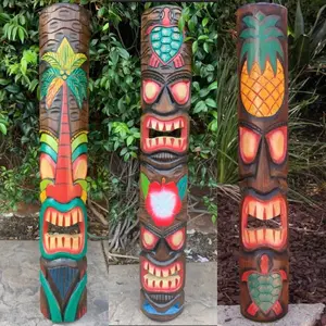 3 Set of Hand Carved Wooden Tiki Totem Masks Tropical Bar Patio Decor 39"x 6"in