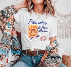 Pancakes & Panic Attacks T-shirt- Relaxed Apparel, Funny Graphic Tops, Sweatshirt, Polyester, Cotton, Casual Tops, Unisex Garment-Dyed T-shirt, Made in the US