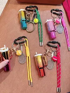 Colorful Mini Cup Tennis Pendant, Keychain Pendant: Gradient Metallic Style With A Straw-Shaped Tennis Racket And Ball Charm, Comes With Braided Cord And Carabiner, Attaches To Bags Or Keys, A Unique Accessory For Everyday Outfits Or Gifting
