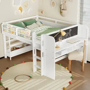 Full Loft Bed with Multi-storage Bookcases, Boxes and Drawers, Solid Wood Low Loft Beds with Desk and Blackboard, No Box Spring Needed, White