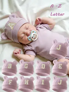 1PC Baby A-Z  Letter Newborn Hospital Cap Cartoon Bear Ear Newborn Baby Hat Soft Boy Girl Hats Beanie Solid Color Cap Bonnet Newborn Photography 0-3M