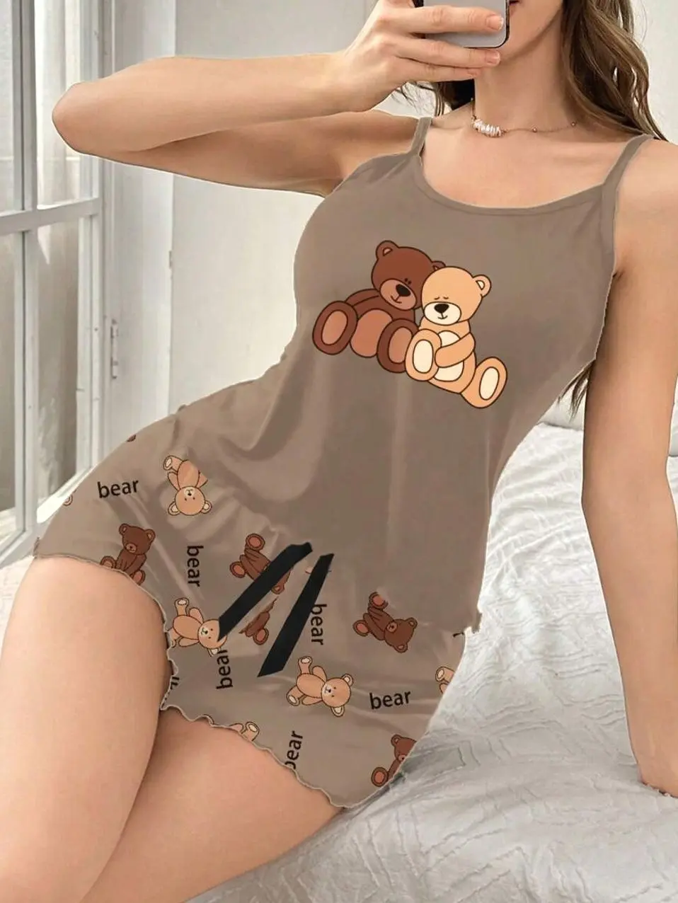 Cute Bear Print Pajama Set, Sleeveless Camisole And Shorts Summer Sleepwear For Women
