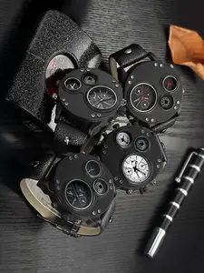 Men's Punk Style Large Dial Quartz Watch, Fashion Round Dial Compass Design Watch for Party, Daily Decor, Trendy All-match & Exquisite Watch for Birthday Gift with Box