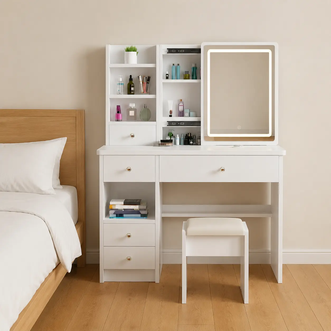 LED Vanity Table Set, 3-Color Dimmable LED Mirror,  Multi-Tier Open Storage Shelves,5 Crystal Knob Drawers, Matching Padded Stool, Multi Compartment Cosmetic Organizer Dresser