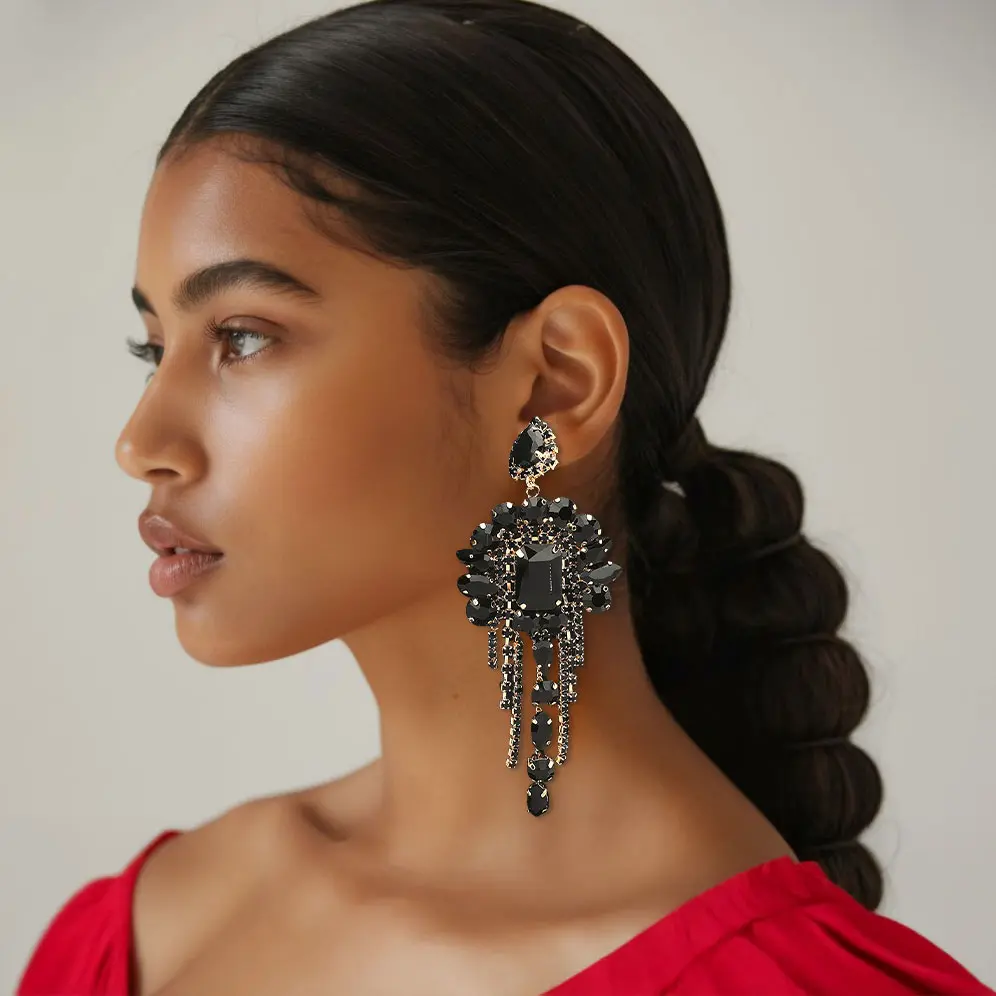 Stone Cluster Chandelier Fringe Drop Evening Statement Earrings Faux Fur Layered Crystal Accents 1.8" X 4.6" Post Back Lead Nickel Compliant