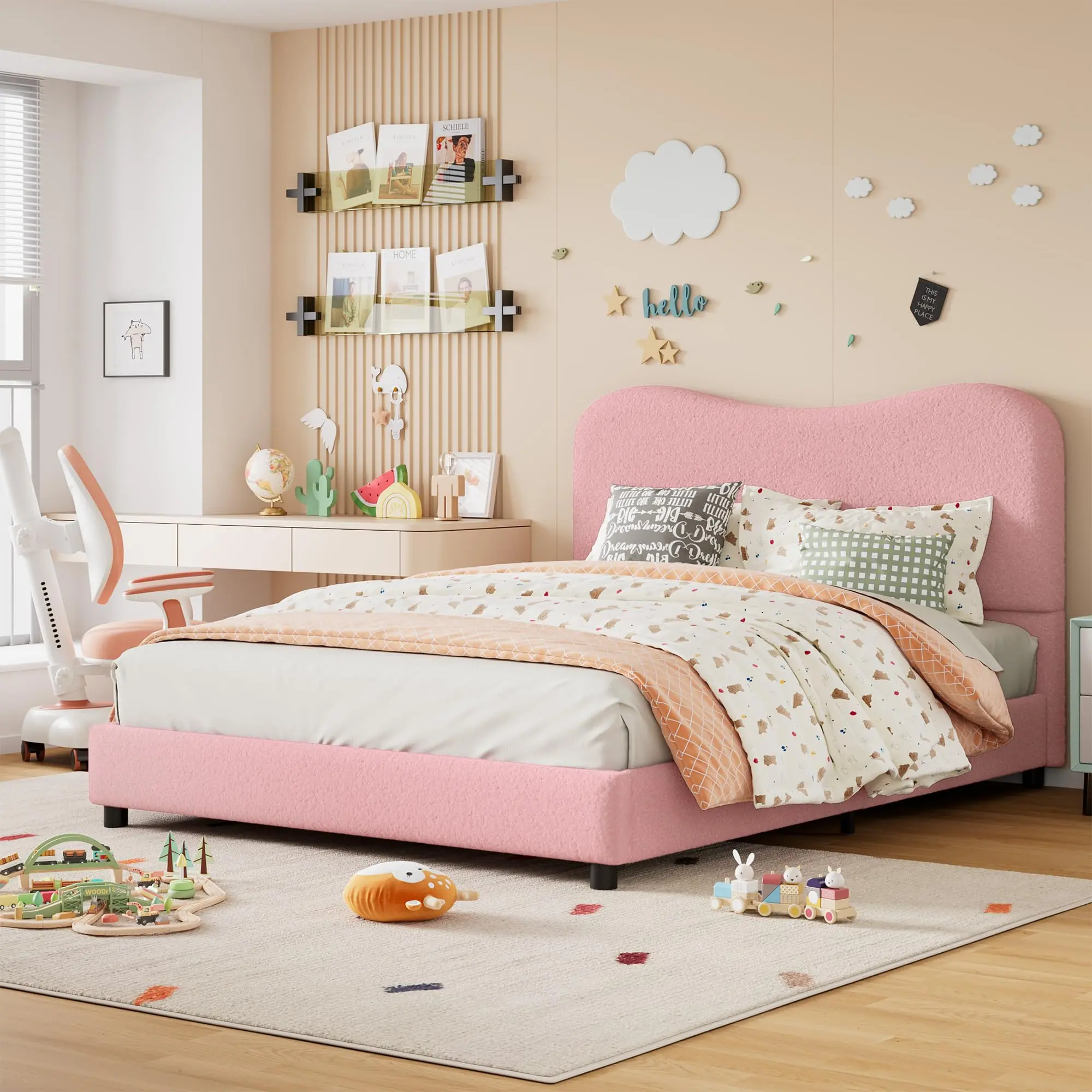 Pink Velvet Upholstered Full Kids Cloud Bed Frame with Boucle-Velvet Headboard, Low Profile, Sturdy Solid Legs, Thickened Boards, Strong Wooden Slats, Noise-Free, No Box Spring Needed, Easy Assembly Required, Cloud Bed Frames, Wooden Platform Bed Frames