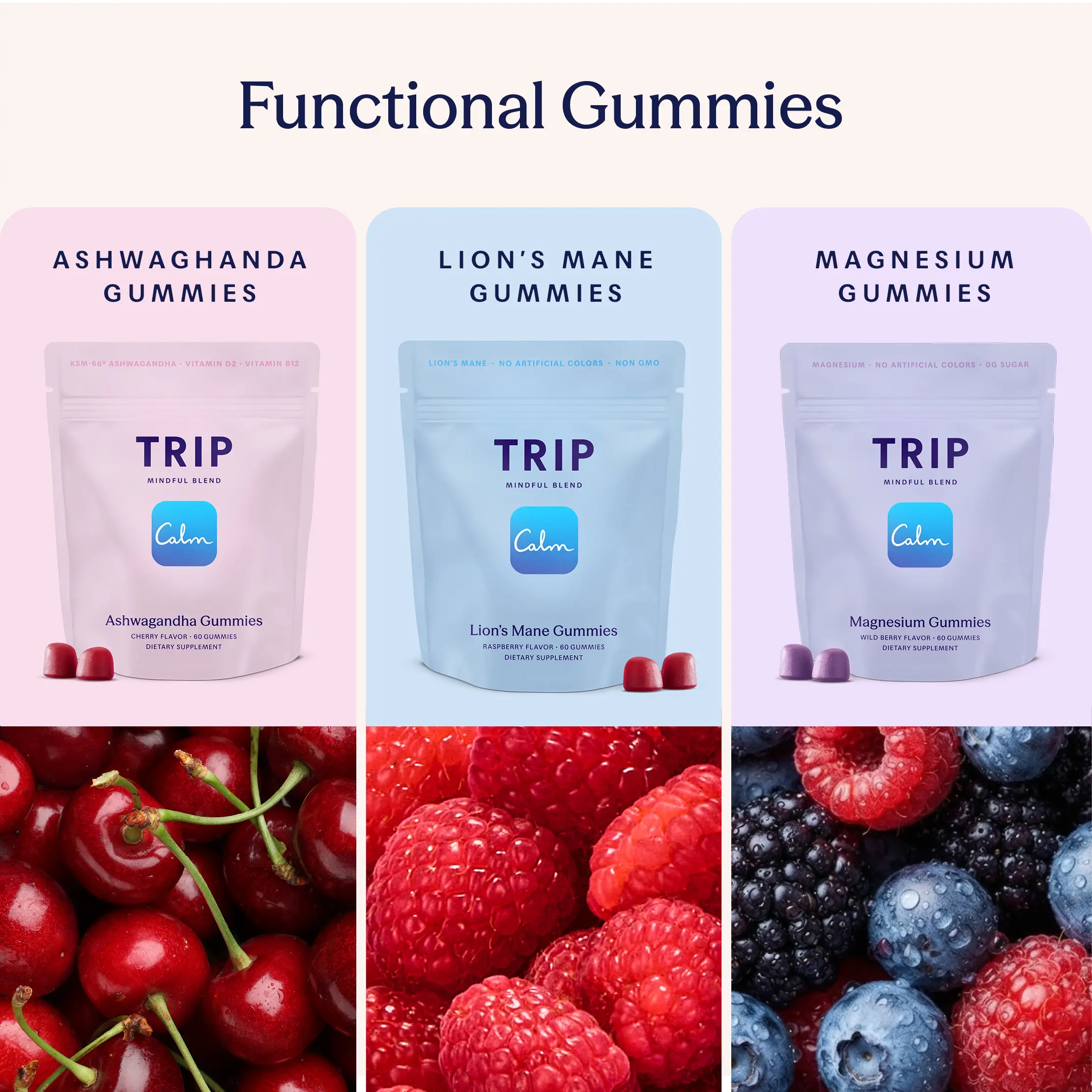 TRIP Functional Gummies — Choose between Magnesium: Calm, Ashwagandha: Stress Support & Lion's Mane: Focus, Vegan, Sugar-Free, 30-Day Supply (60 Gummies)