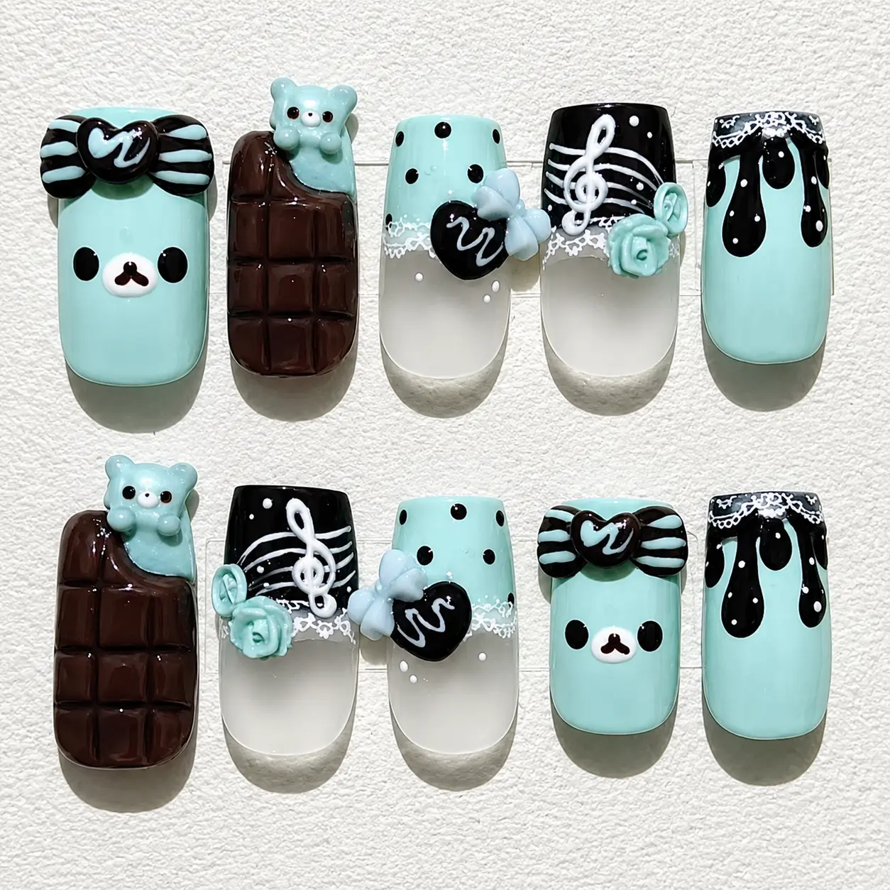 Mint Chocolate Bear Press On Nails, Cute 3D Kawaii Dessert Nails, Chocolate Bar Bear Bow Music Note Reusable Handmade Fake Nails |FREE Adhesive Tabs  Nail File Cuticle Stick