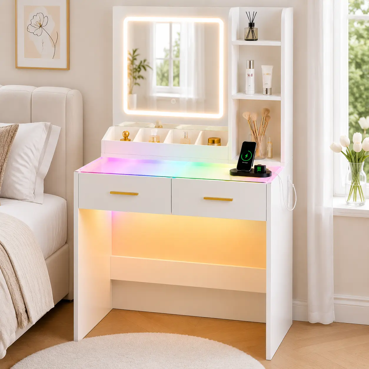 King Oasis Vanity Desk with Mirror & Lights, Makeup Vanity Table with 3 Color Adjustable Brightness, Tempered Glass Top, RGB Light Strip, Charging Station, 2 Drawers Storage, White