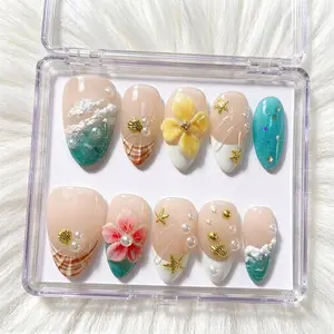 10pcs Handmade Almond Nails 3D Wave Design Press on Nail Set, Salon Grade Glossy Shell Inlay Floral Embossed,Acrylic False Nail Reusable   Easy to Wear for Parties, Daily & Dancing, Nail Kit, Nail Art Tool Wedding Bridal Nail Kit Nail Art