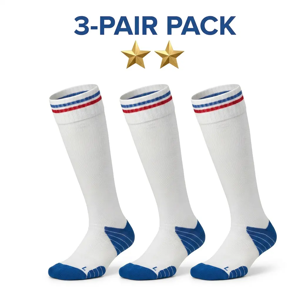 JUPICHUBI Men's 3-Pair Classic Tricolor Striped Soccer Socks, Adult Grip Top Knee-High Athletic Tube Socks - Thick Terry Cushioning, Seamless Toe, Breathable Quick Dry Mesh, Anti-Slip Energy Grip Sole for Football Training, Field Hockey, M, Adults, Grip T