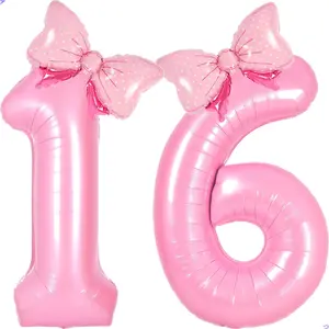 Pink Sweet 16 Balloon Numbers Pink Birthday Decorations for Girls, Bow Balloons Foil Mylar Large 40" 16 Birthday Balloon for Girls Bow Butterfly 16th Party Decorations(Number 16 balloons)