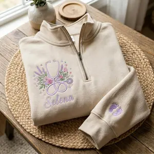 [MADE IN US] Personalized Nurse Quarter Zip, Embroidered Stethoscope Pullover, Custom Name Medical Sweatshirt, RN CNA Gift, Floral Healthcare Worker Top